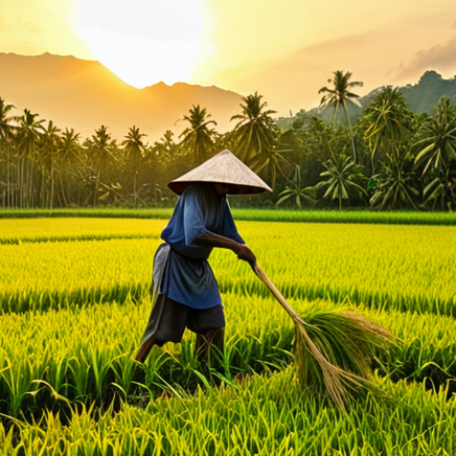 Home 14 **Prompt:** Lush paddy field at golden hour, a farmer harvesting with a 'sabit' (sickle), traditional Malay village backdrop. Warm, vibrant colors.