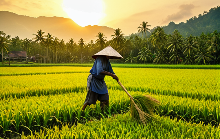 **Prompt:** Lush paddy field at golden hour, a farmer harvesting with a 'sabit' (sickle), traditional Malay village backdrop. Warm, vibrant colors.