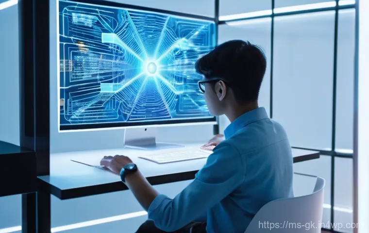 Transformer 기반의 텍스트 요약 기법 - **Prompt:** A futuristic, bright and clean workspace bathed in soft blue and white light. A person w...