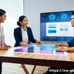 Home 21 Transformer와 다중 언어 처리 - A modern digital workspace featuring a diverse group of Malaysian professionals collaborating around...