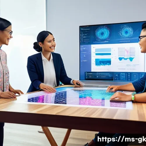 Home 15 Transformer와 다중 언어 처리 - A modern digital workspace featuring a diverse group of Malaysian professionals collaborating around...