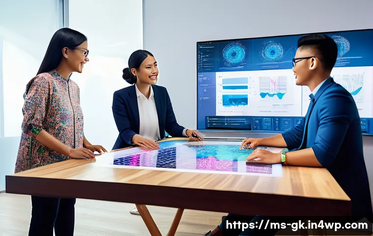 Transformer와 다중 언어 처리 - A modern digital workspace featuring a diverse group of Malaysian professionals collaborating around...