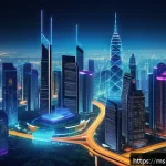 Transformer 모델의 데이터 저장 방식 - A futuristic digital illustration of a Transformer neural network model visualized as a high-tech da...