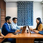 Home 18 Transformer 기반의 언어 번역 기술 - A modern Malaysian office scene showcasing a diverse group of professionals engaged in a video confe...